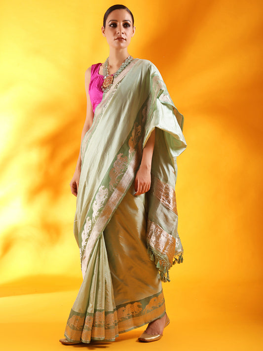 Misty Green Kataan Silk Banarasi Saree with Kadhua Border