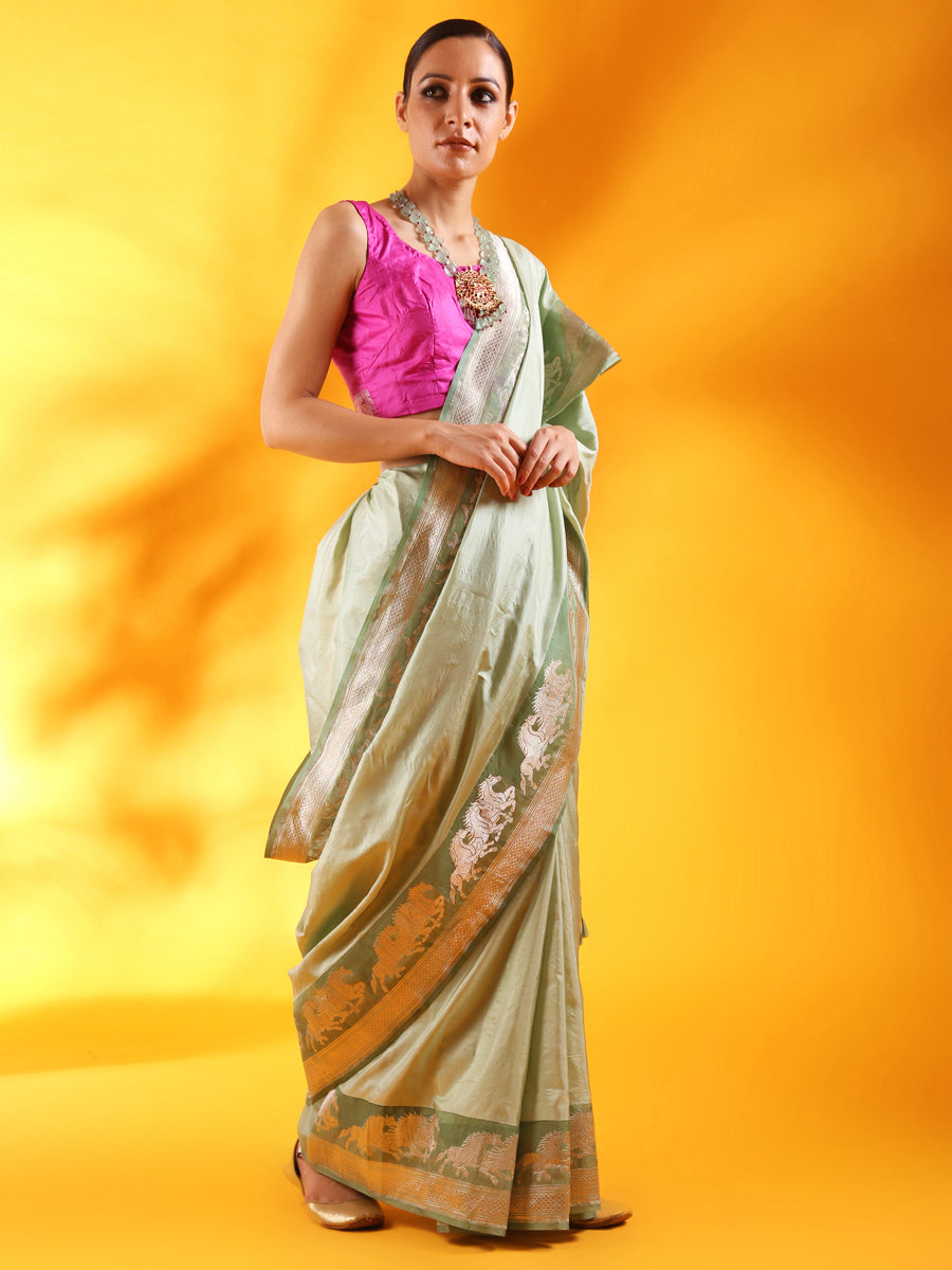 Misty Green Kataan Silk Banarasi Saree with Kadhua Border