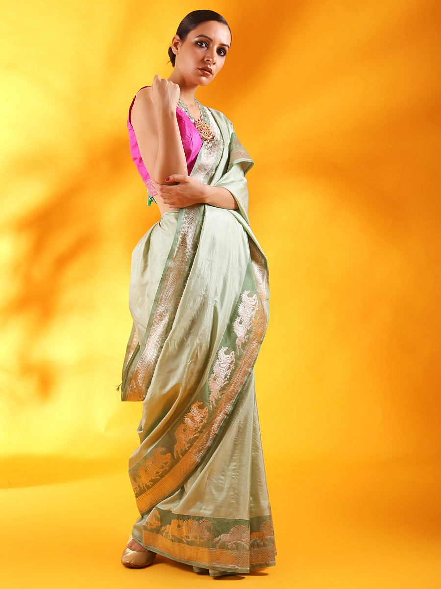 Misty Green Kataan Silk Banarasi Saree with Kadhua Border