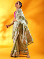 Misty Green Kataan Silk Banarasi Saree with Kadhua Border