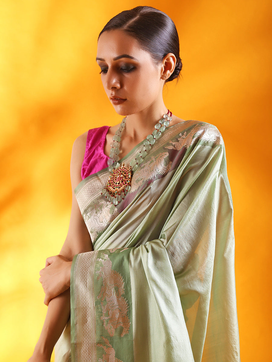 Misty Green Kataan Silk Banarasi Saree with Kadhua Border