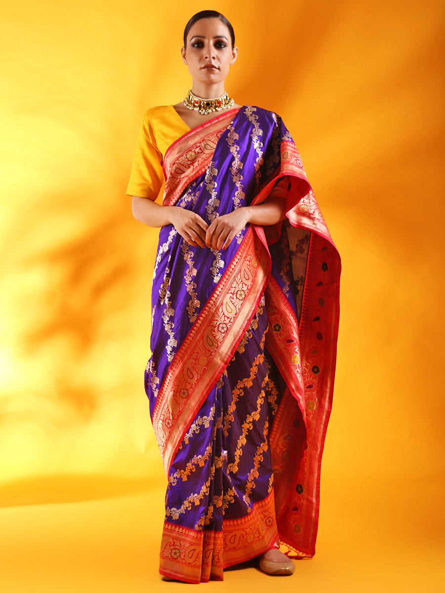 Handwoven Banarasi Katan Silk Saree with Meenakari Kadhiyal Border