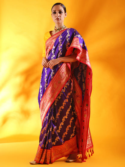 Handwoven Banarasi Katan Silk Saree with Meenakari Kadhiyal Border