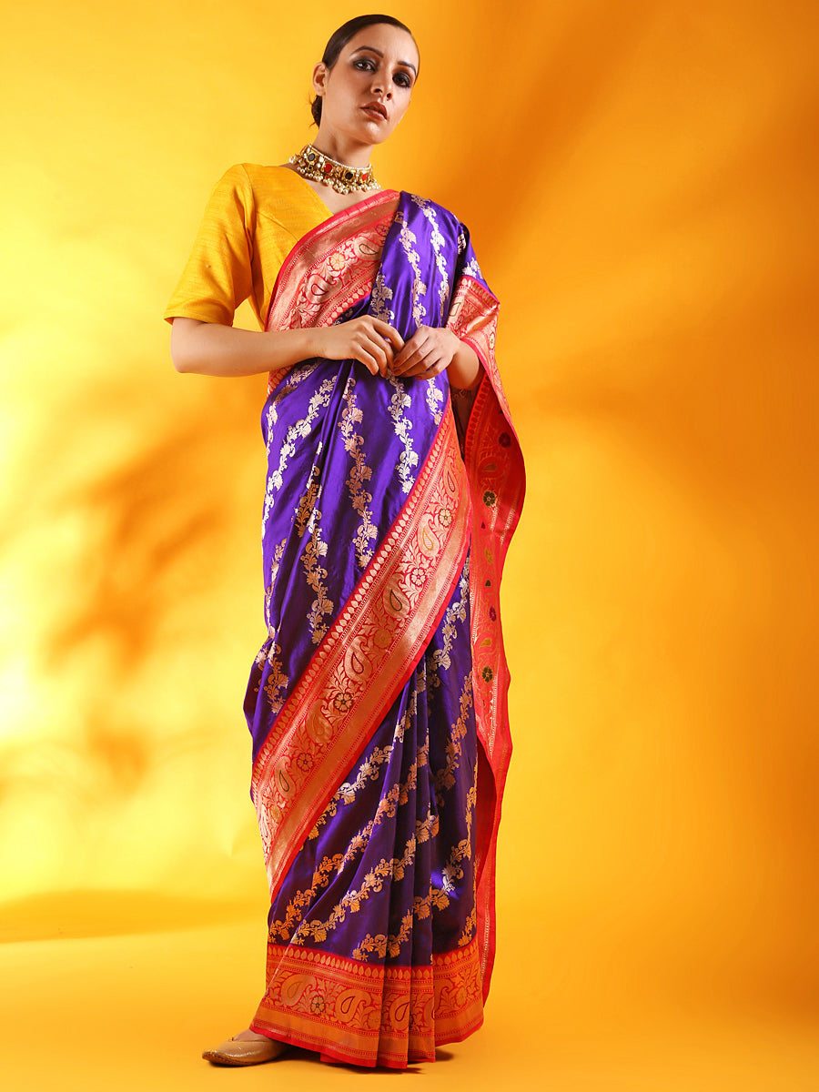 Handwoven Banarasi Katan Silk Saree with Meenakari Kadhiyal Border