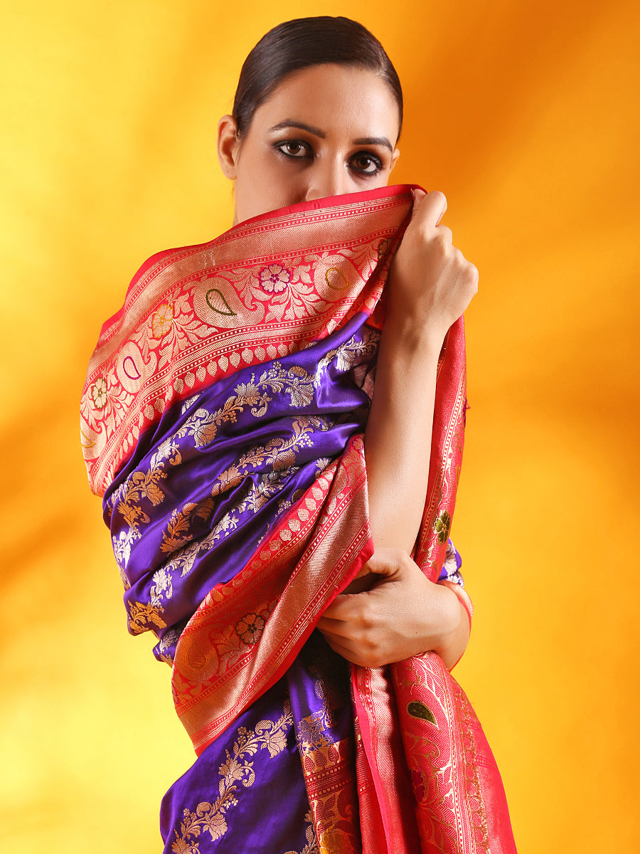 Handwoven Banarasi Katan Silk Saree with Meenakari Kadhiyal Border