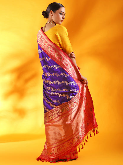 Handwoven Banarasi Katan Silk Saree with Meenakari Kadhiyal Border