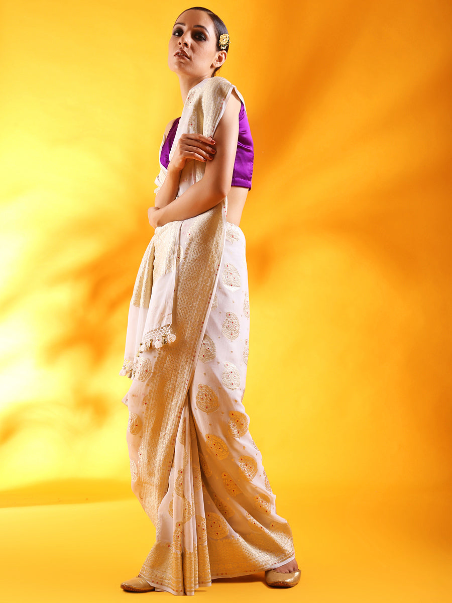 White Khaddi Georgette Saree with Kadhua Buttis