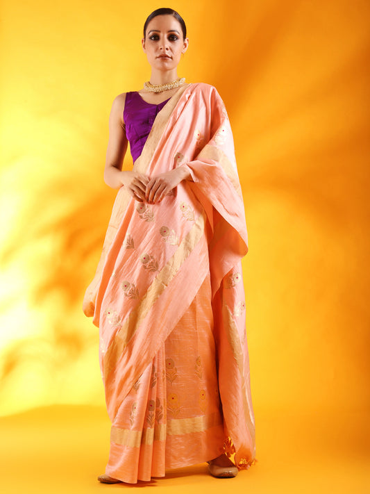 Pastel Pink Banarasi Silk Saree with Floral Motifs