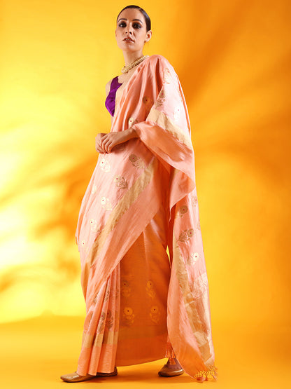 Pastel Pink Banarasi Silk Saree with Floral Motifs