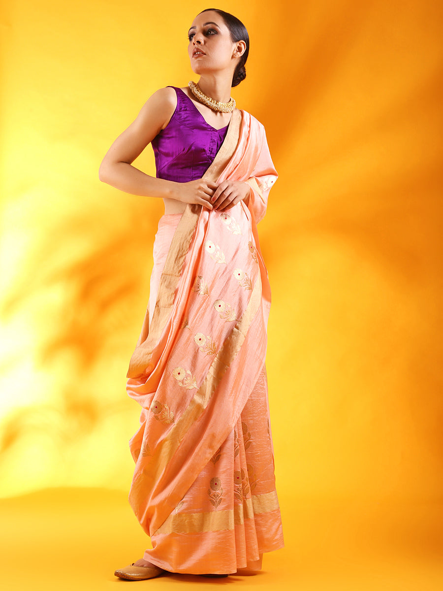 Pastel Pink Banarasi Silk Saree with Floral Motifs