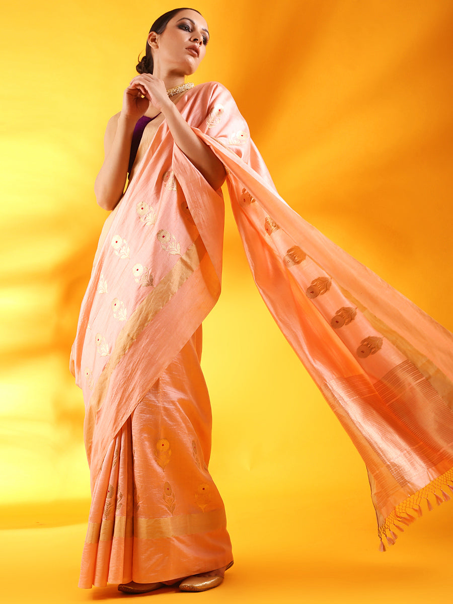 Pastel Pink Banarasi Silk Saree with Floral Motifs