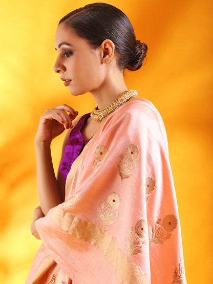 Pastel Pink Banarasi Silk Saree with Floral Motifs