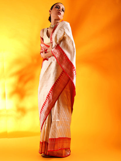 Ivory White Banarasi Silk Saree with Red Golden Border