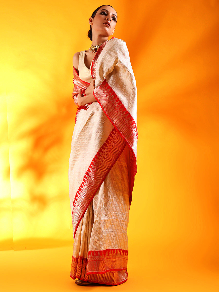 Ivory White Banarasi Silk Saree with Red Golden Border