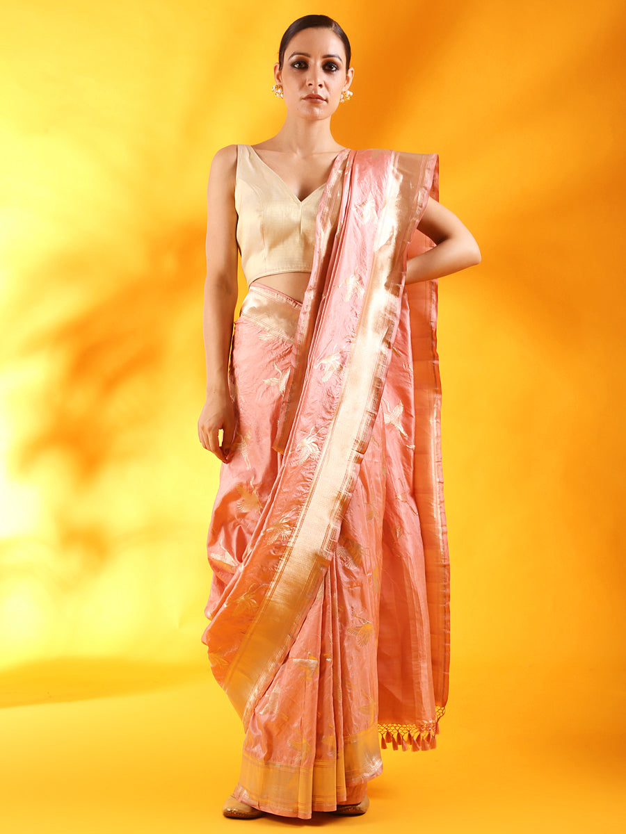 Pink Kataan Silk Saree with Crane Bird Motifs