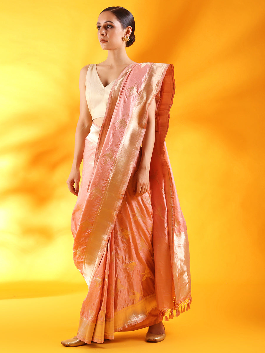 Pink Kataan Silk Saree with Crane Bird Motifs