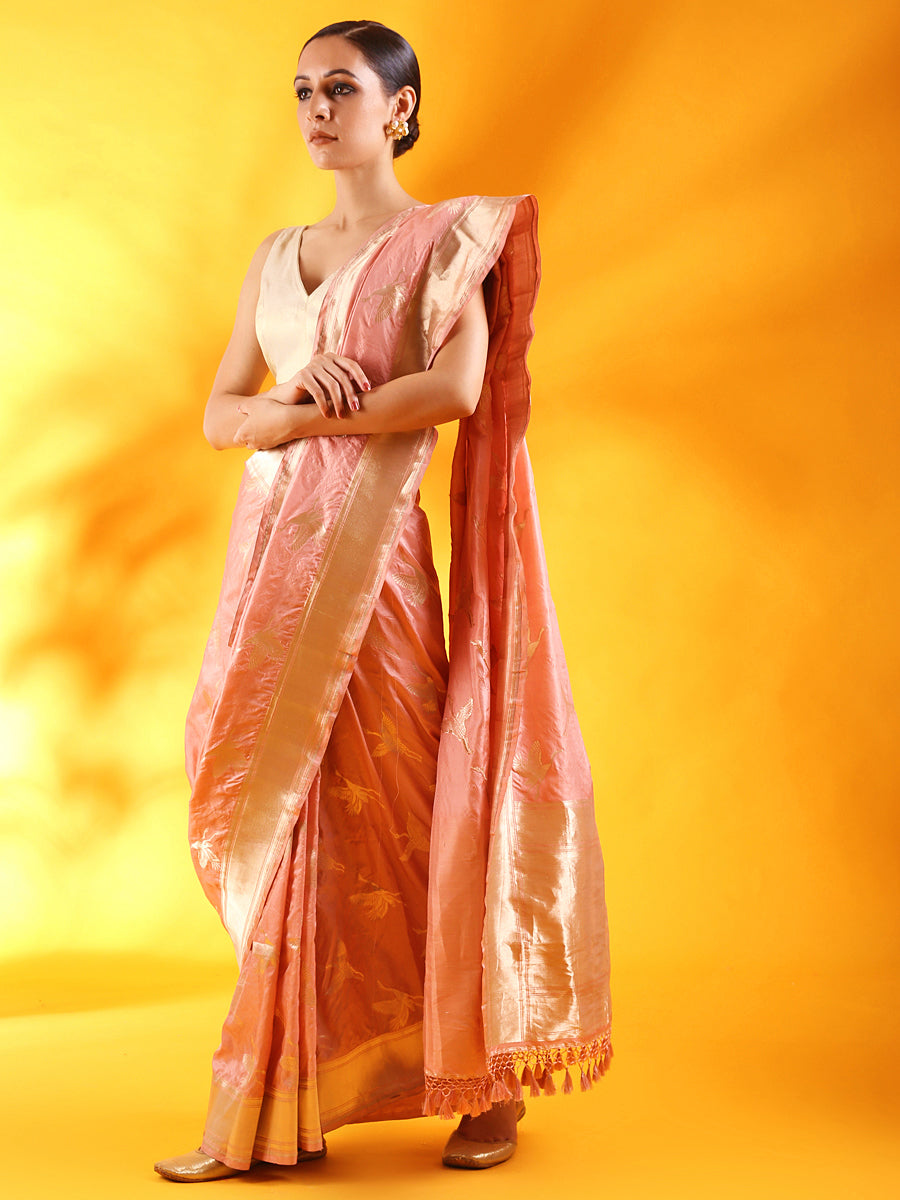 Pink Kataan Silk Saree with Crane Bird Motifs