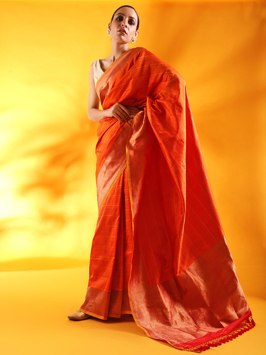 Rust Color Pure Silk Tanchoi  Banarasi Handloom Saree