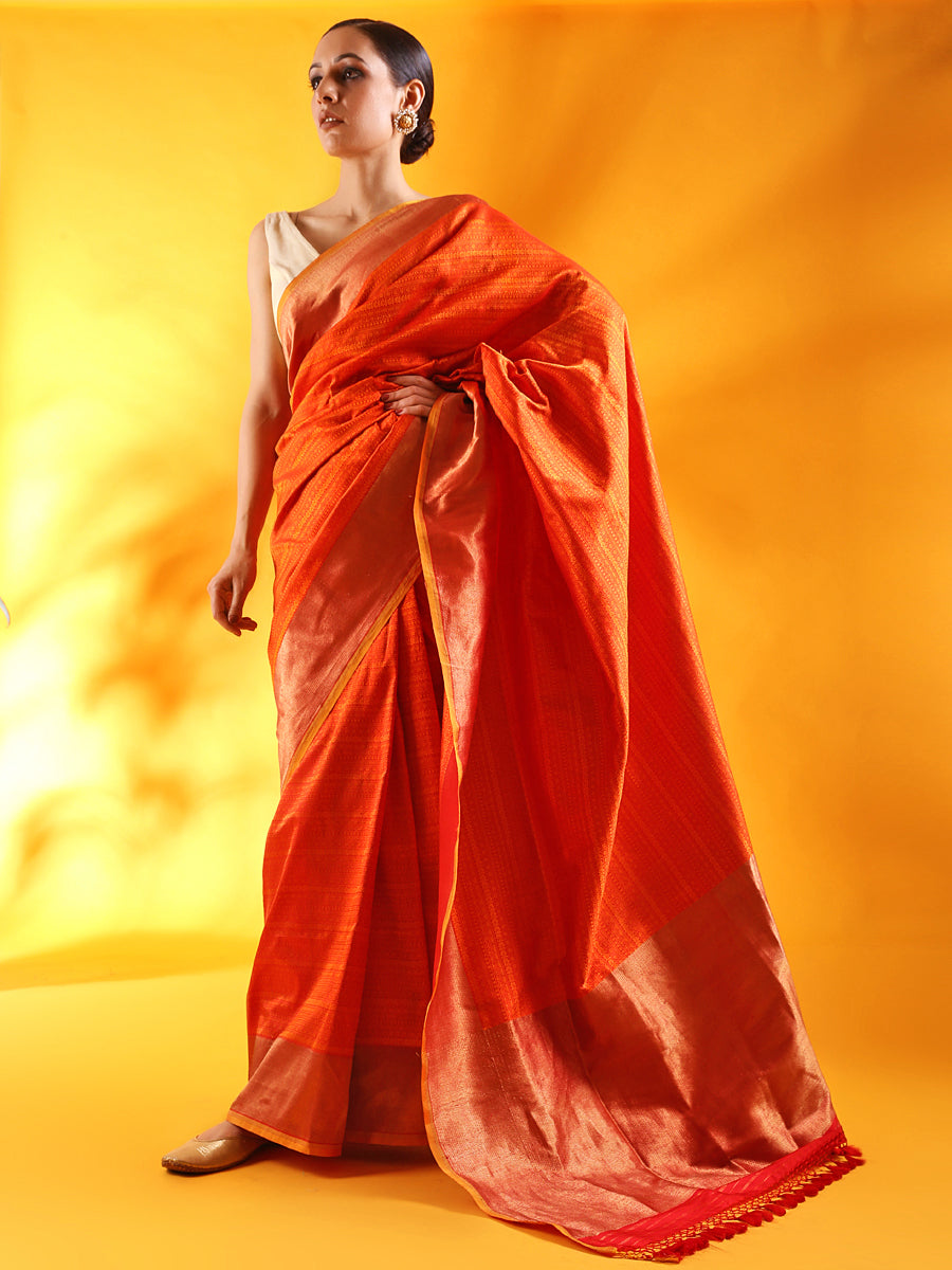 Rust Color Pure Silk Tanchoi  Banarasi Handloom Saree