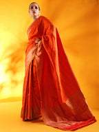 Rust Color Pure Silk Tanchoi  Banarasi Handloom Saree