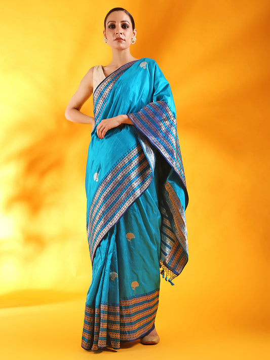 Peacock Blue Banarasi Silk Saree with Buttis and Kadhwa Palla