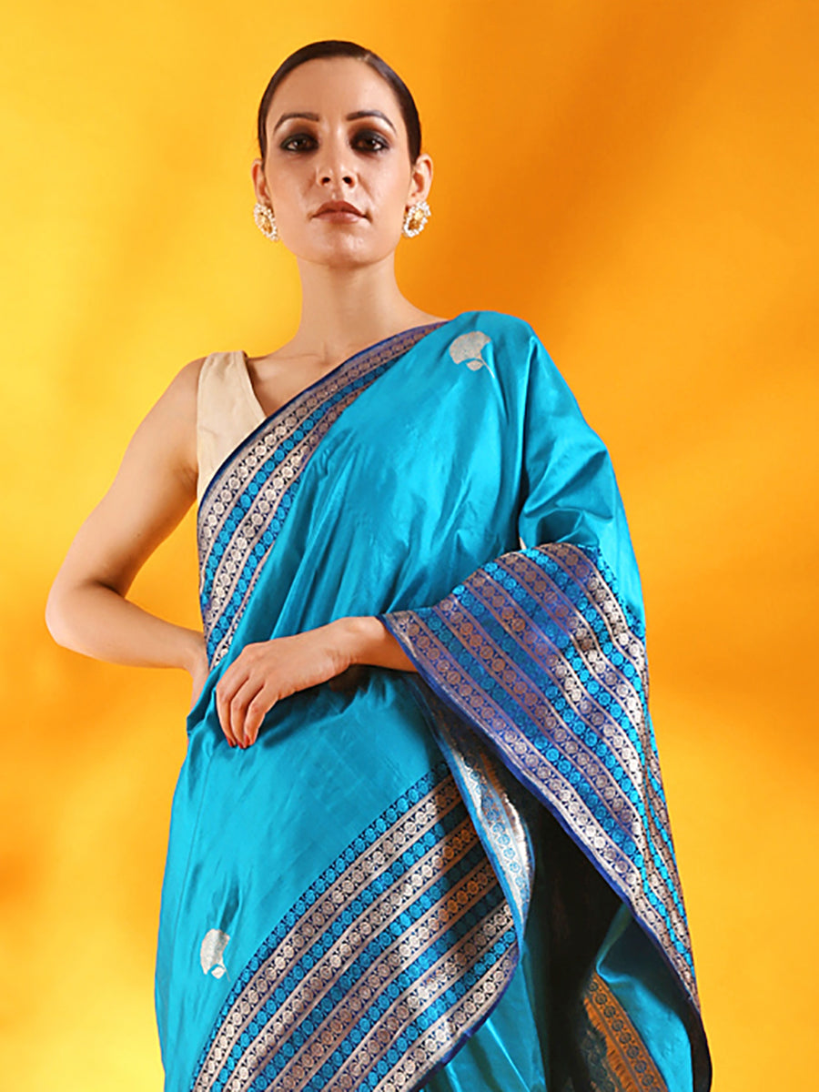 Peacock Blue Banarasi Silk Saree with Buttis and Kadhwa Palla