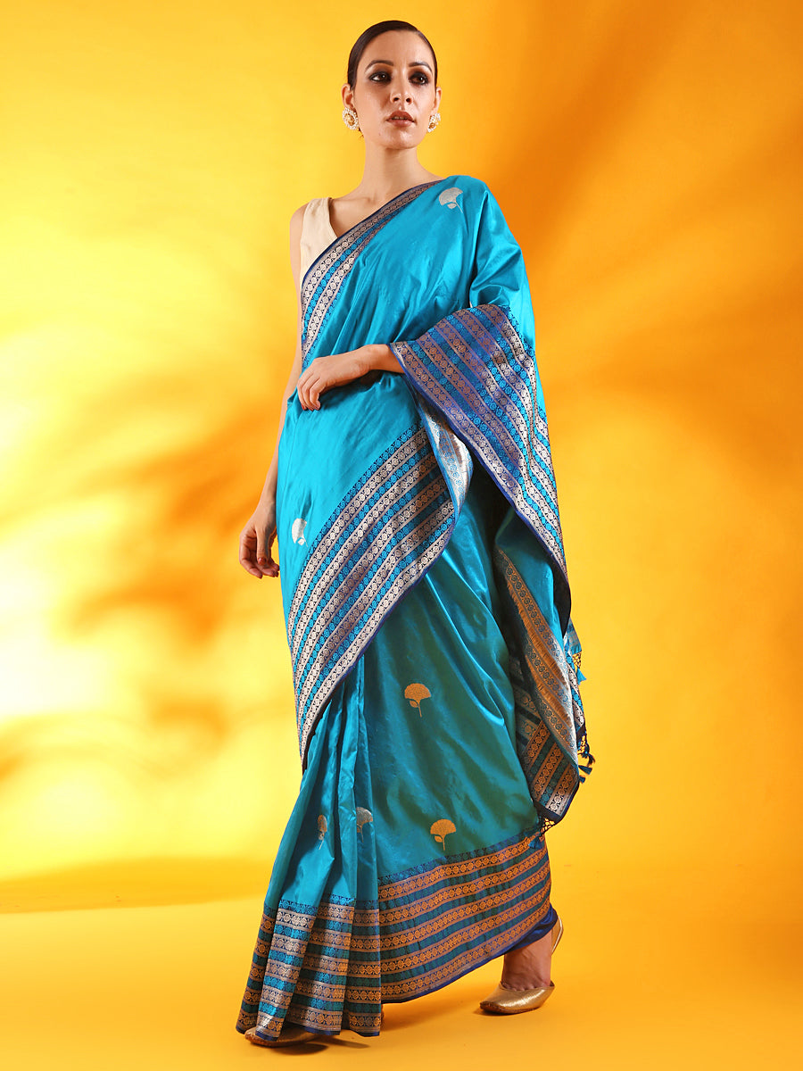 Peacock Blue Banarasi Silk Saree with Buttis and Kadhwa Palla