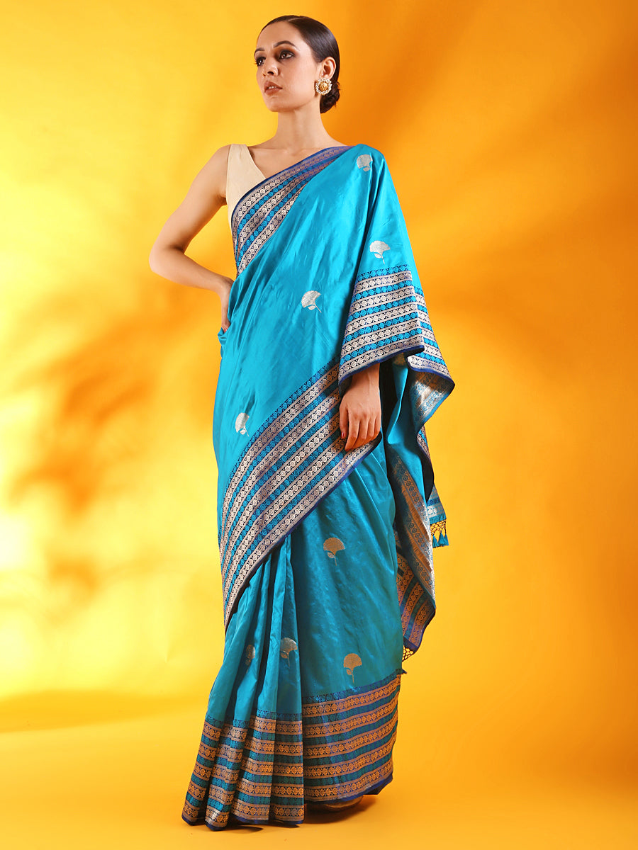 Peacock Blue Banarasi Silk Saree with Buttis and Kadhwa Palla
