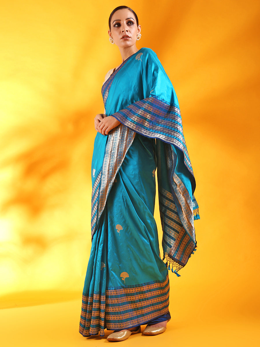 Peacock Blue Banarasi Silk Saree with Buttis and Kadhwa Palla