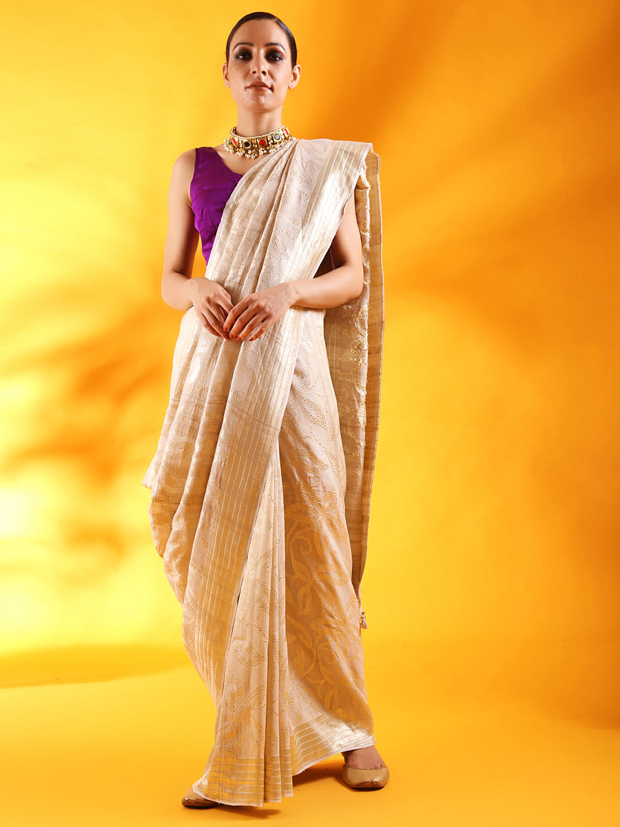 Off - White Banarasi Silk Saree with Floral Motifs