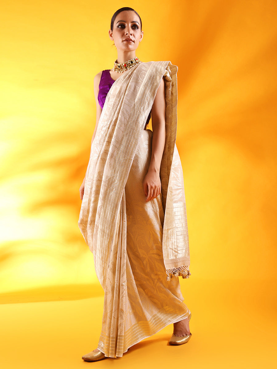 Off - White Banarasi Silk Saree with Floral Motifs