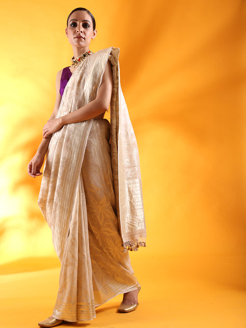 Beige Tussar Georgette Silk Saree