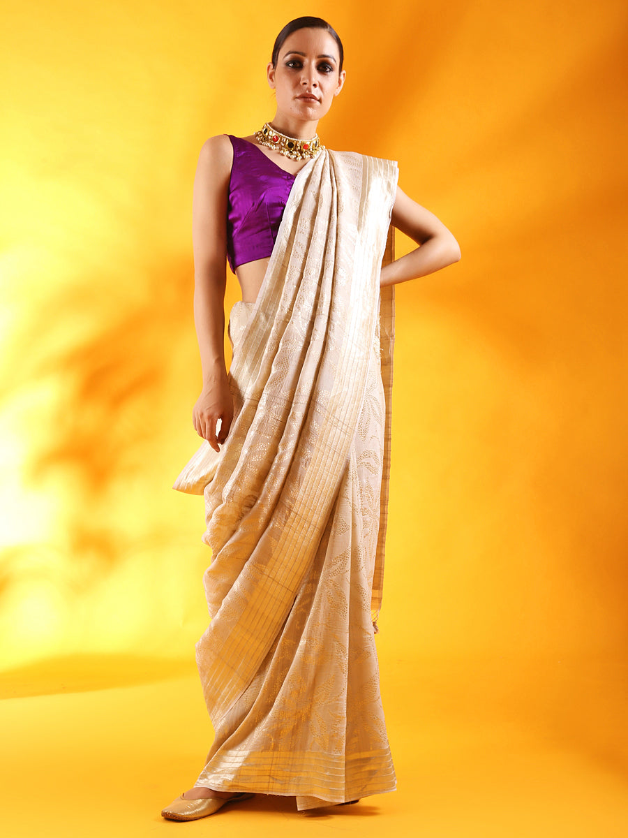 Off - White Banarasi Silk Saree with Floral Motifs