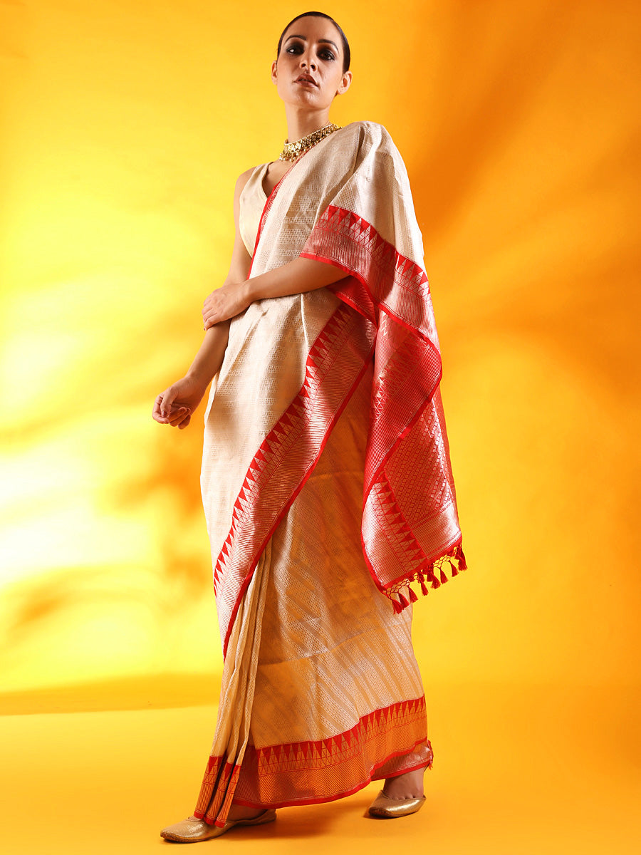 Ivory White Banarasi Silk Saree with Red Golden Border