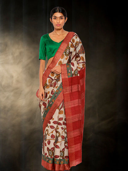 Hand Block Printed Tussar Silk Saree with Floral Theme BBPRTS08