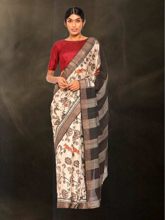 Hand Block Printed Tussar Silk Saree with Floral Theme BBPRTS09