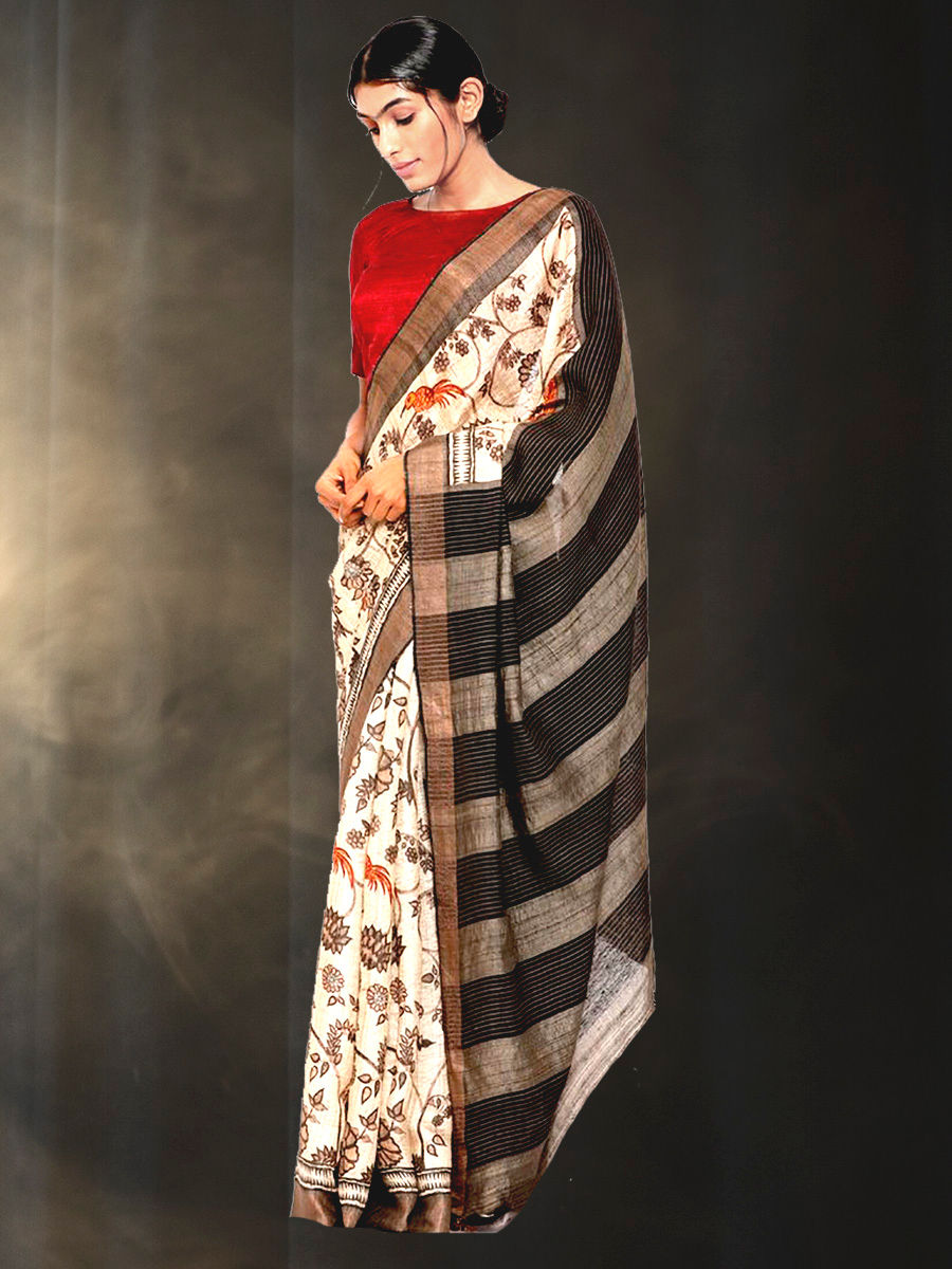 Hand Block Printed Tussar Silk Saree with Floral Theme BBPRTS09