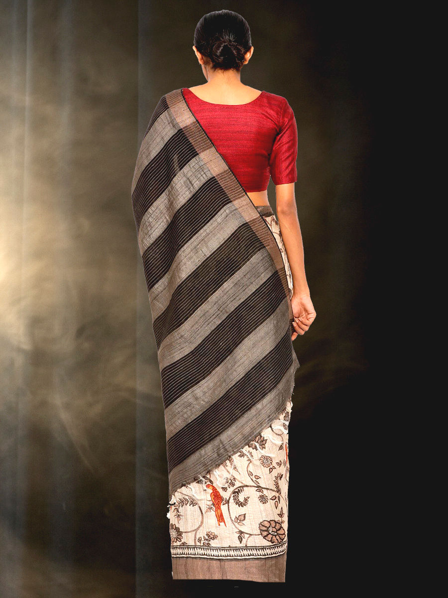 Hand Block Printed Tussar Silk Saree with Floral Theme BBPRTS09