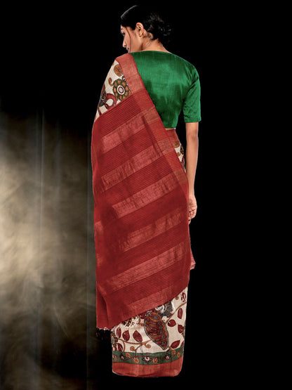 Hand Block Printed Tussar Silk Saree with Floral Theme BBPRTS08