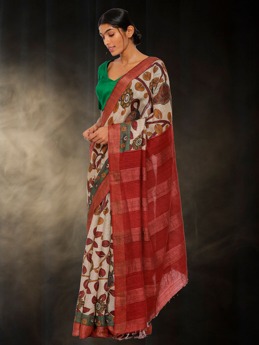 Hand Block Printed Tussar Silk Saree with Floral Theme BBPRTS08