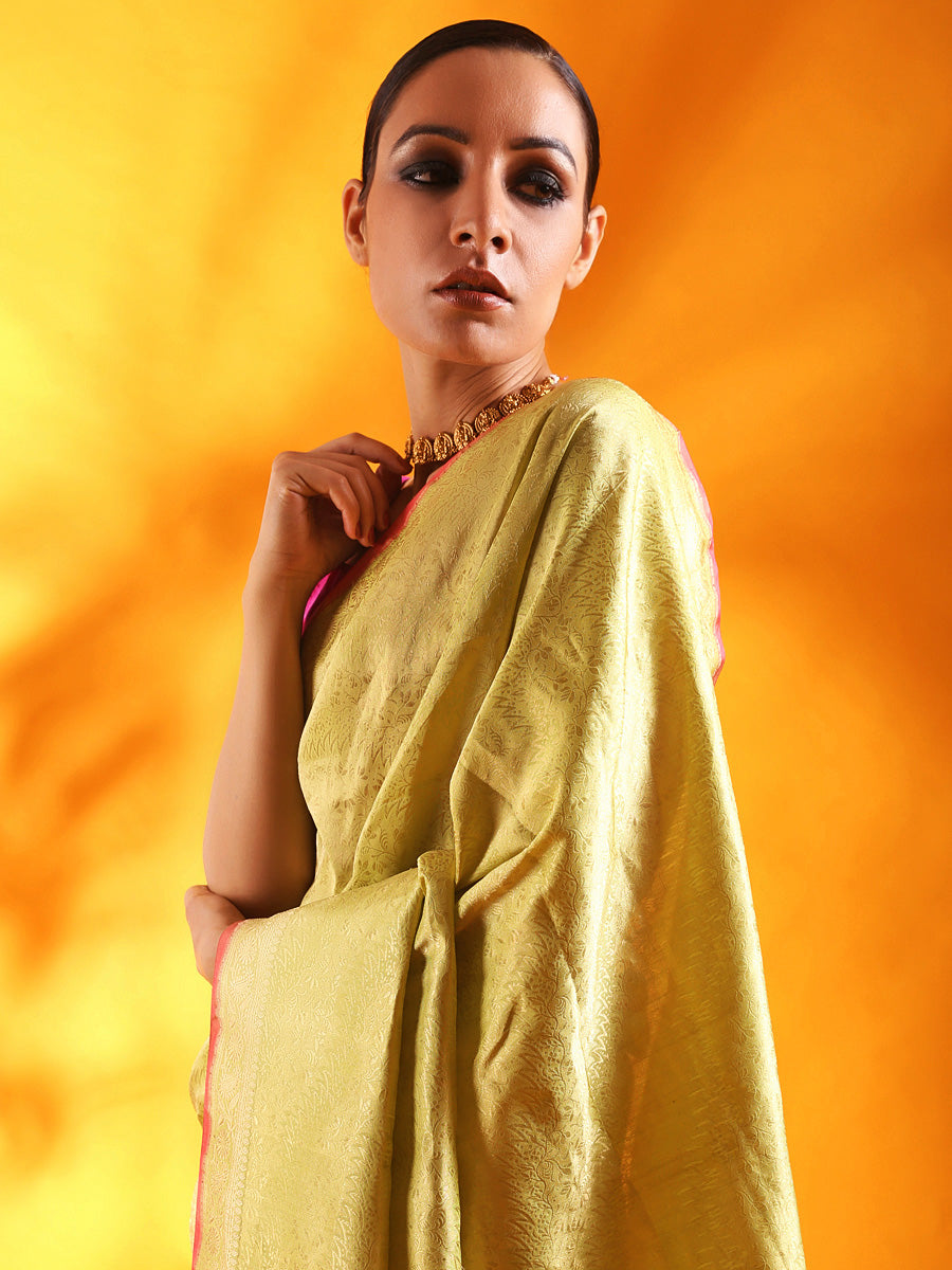 Pista Green with Pink Border Pure Banarasi Silk Saree.