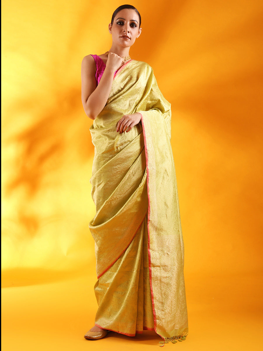 Pista Green with Pink Border Pure Banarasi Silk Saree.