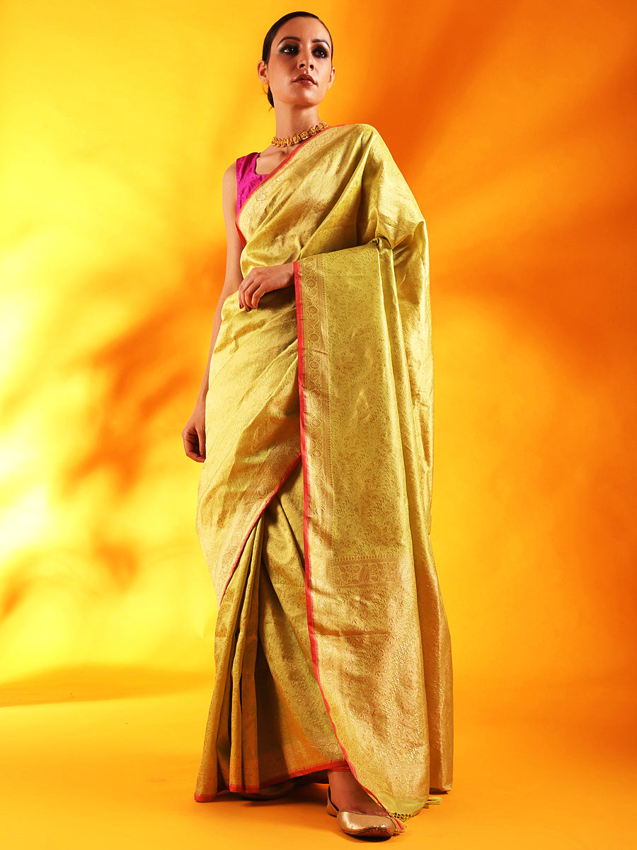 Pista Green with Pink Border Pure Banarasi Silk Saree.