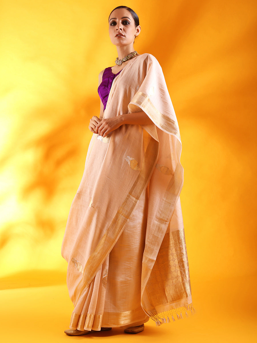 Pale Pink Silk Saree with Floral Motifs and Border