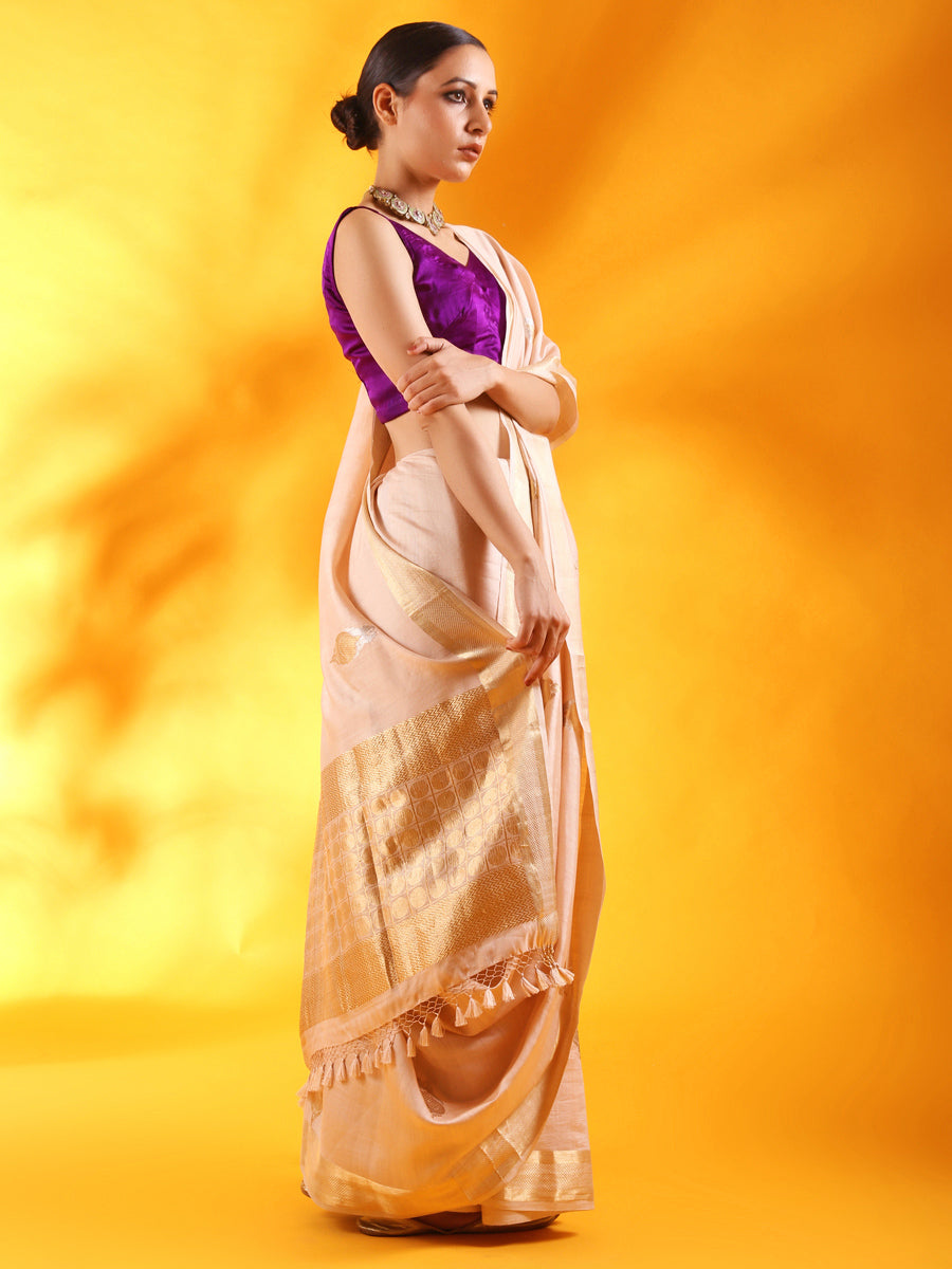 Pale Pink Silk Saree with Floral Motifs and Border