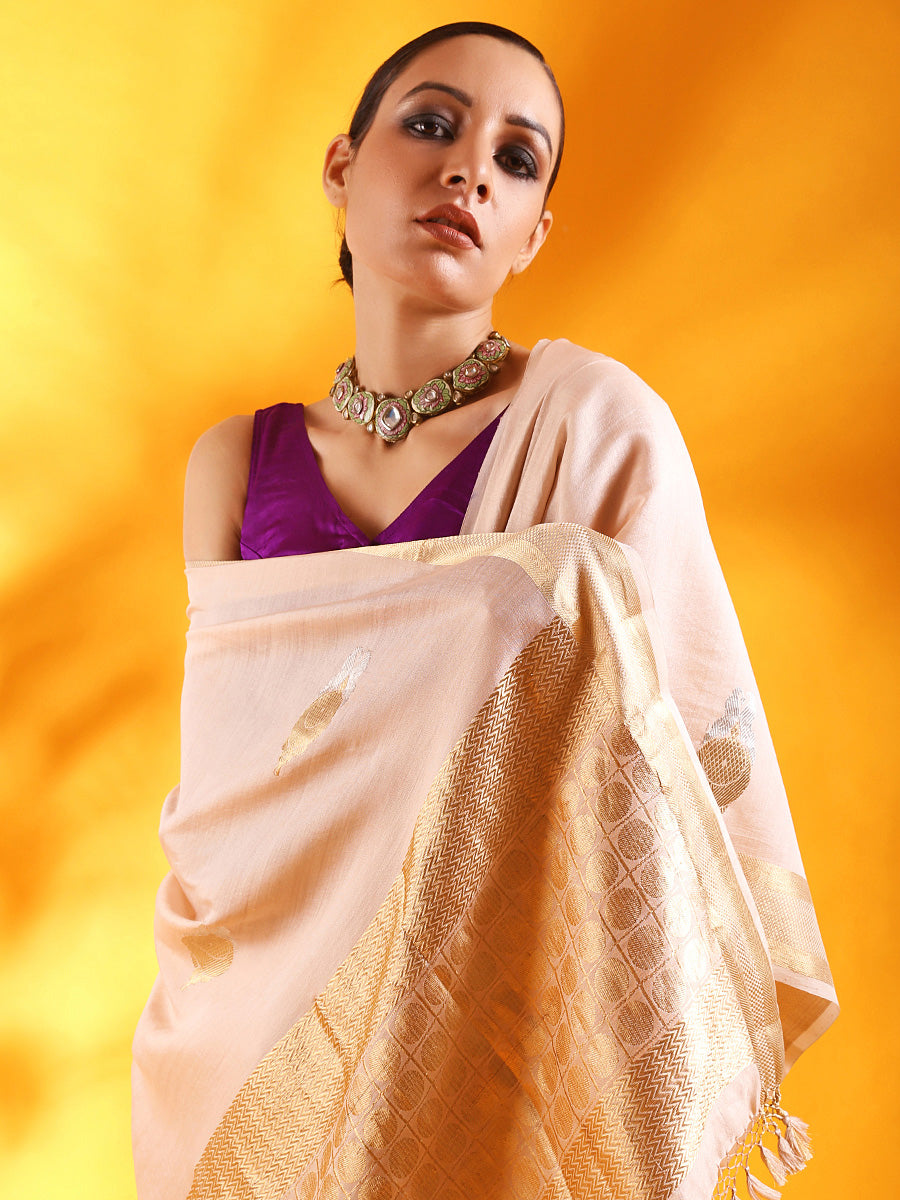 Pale Pink Silk Saree with Floral Motifs and Border