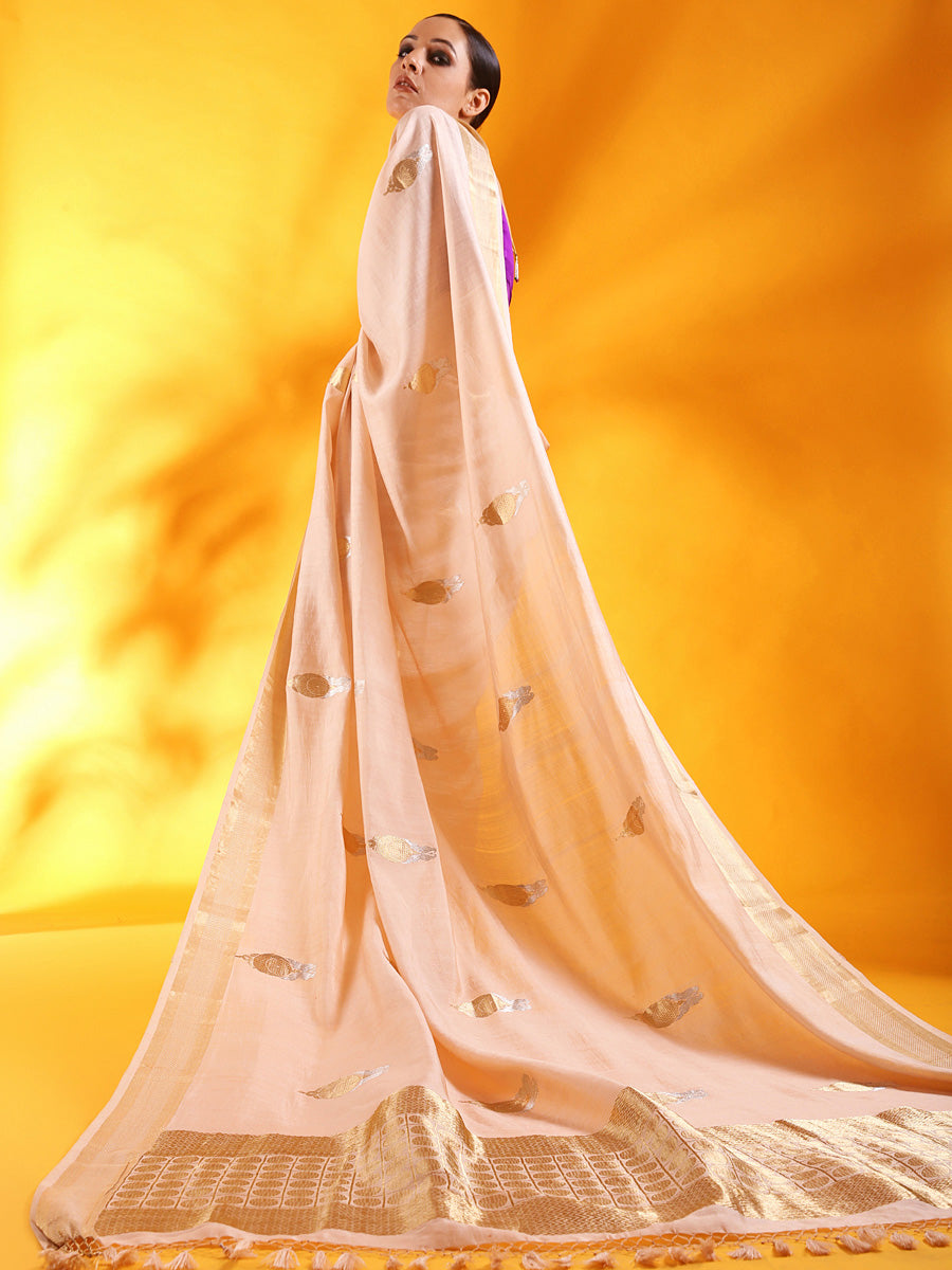Pale Pink Silk Saree with Floral Motifs and Border