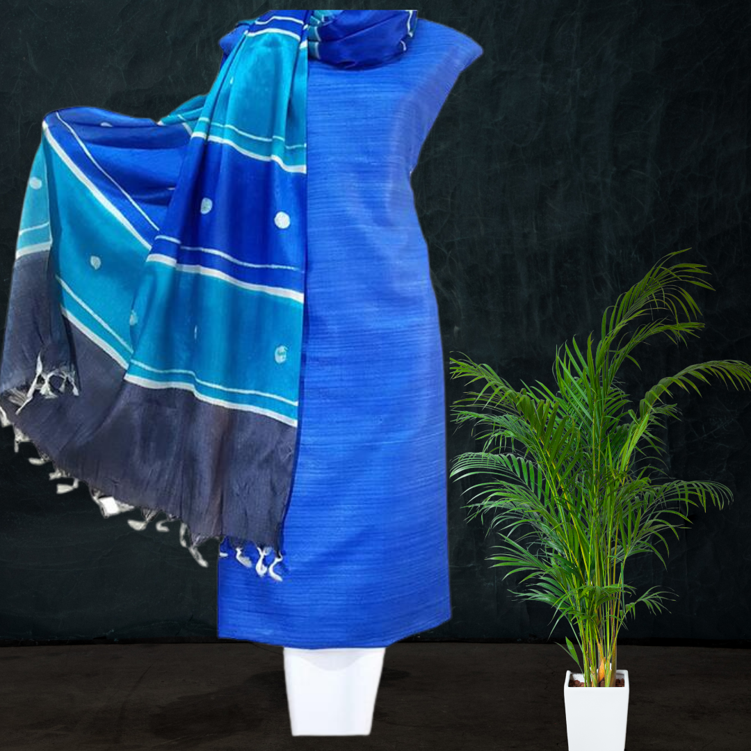 Online Printed Tussar Silk Suit - Blue