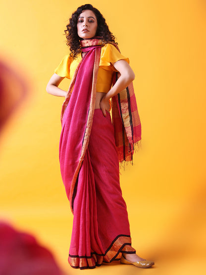 Magenta Pink Linen Saree with Zari Border