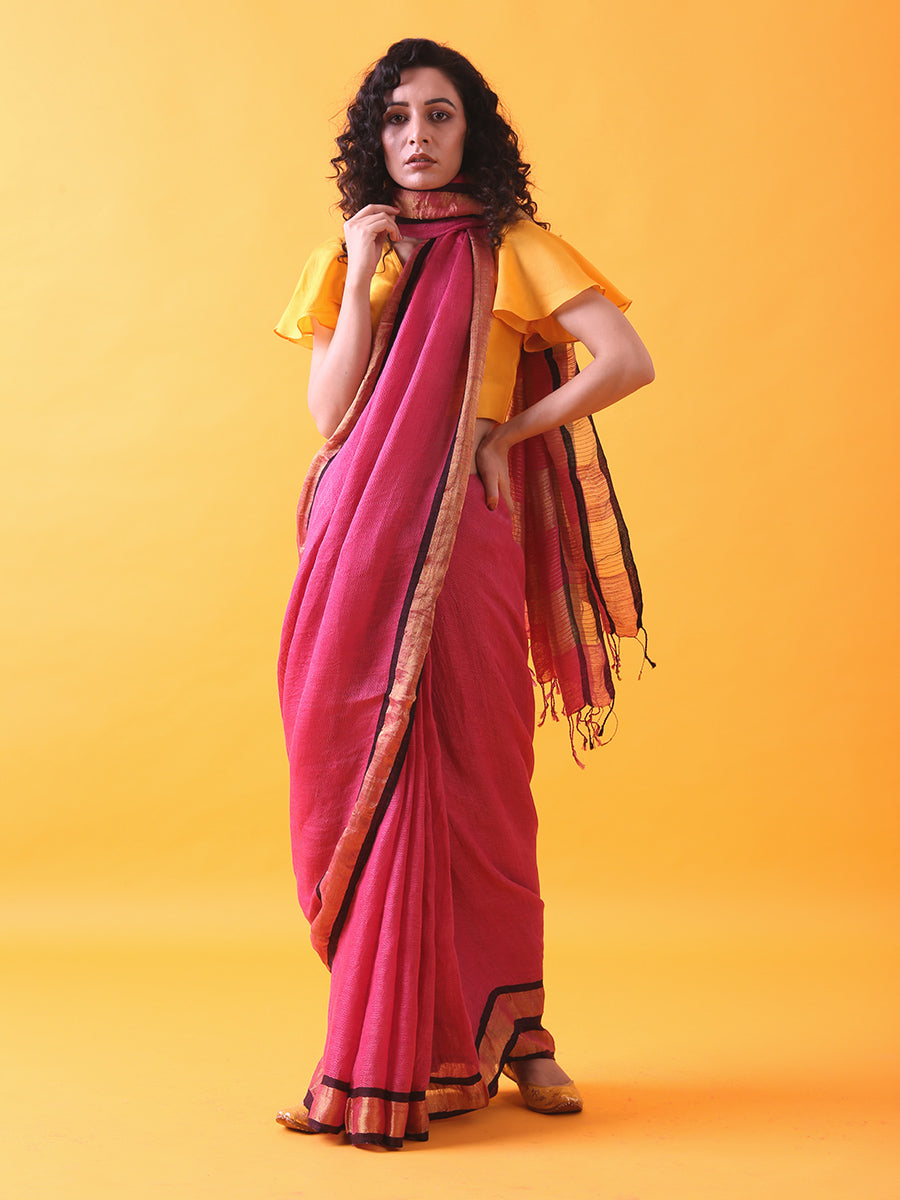 Magenta Pink Linen Saree with Zari Border